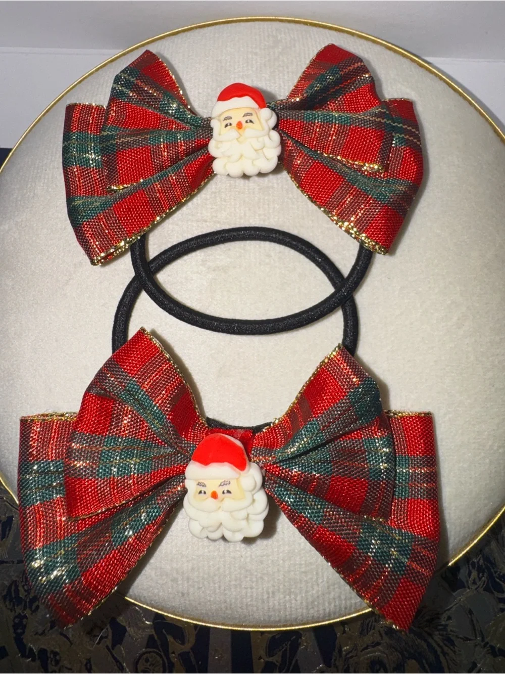 Festive Red Plaid Santa Bow Hair Ties for Kids
